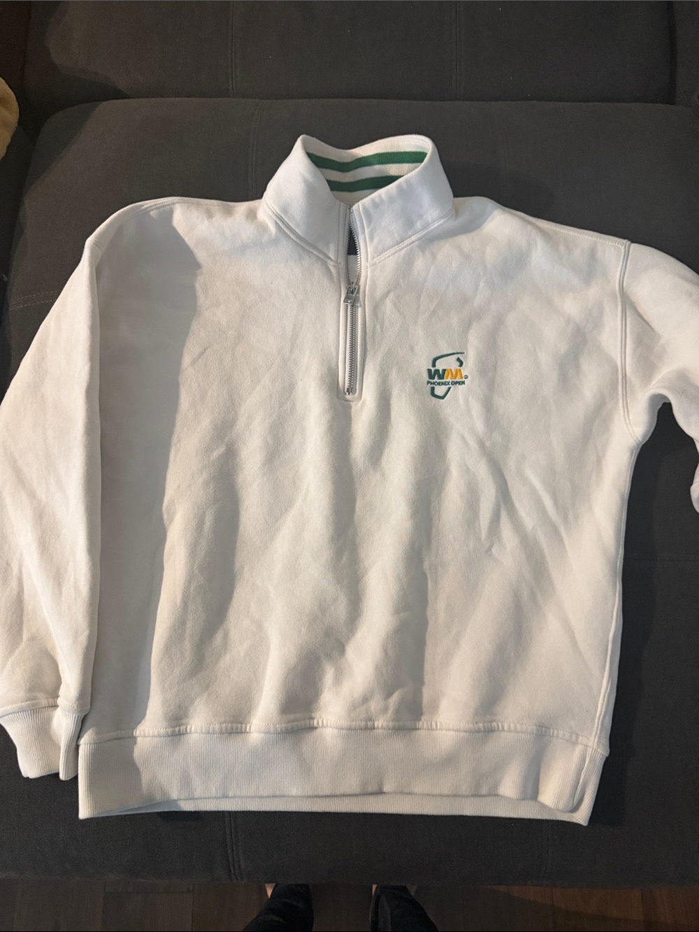 Abercrombie & Fitch White Quarter-Zip Wimbledon Sweater with Green Accent
